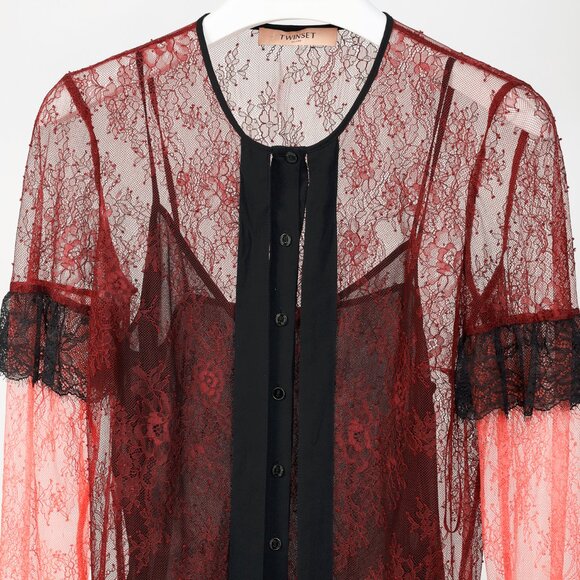 Twinset Burgundy & Pink Lace Ruffle Tie-Neck Blouse - Picture 4 of 10